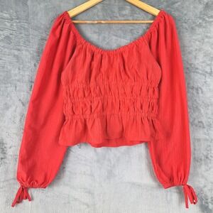 Womens Top Large Red Boho‎ Smocked Peasant Crop Cottagecore Milkmaid Renaissance